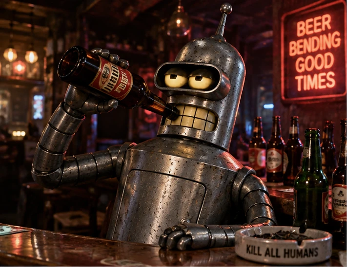 Metal robot candidate drinking at a neon-lit bar.