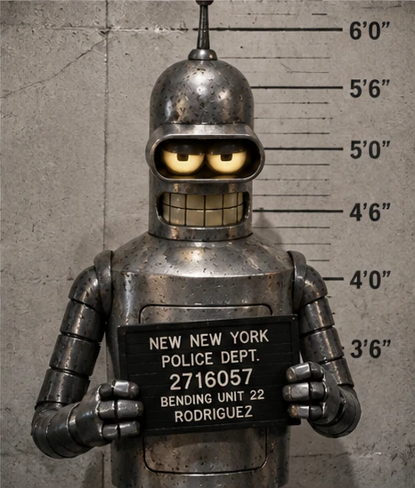 Metal robot persona posing in front of a police height chart and holding a booking board.
