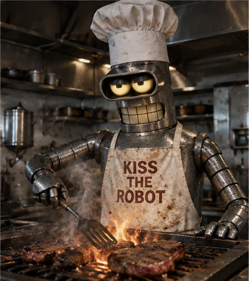 Metal robot persona wearing a chef hat and apron while cooking over a flaming grill.
