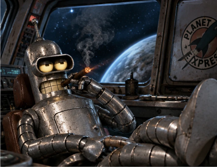 Metal robot persona relaxing in a spaceship lounge with Earth outside.