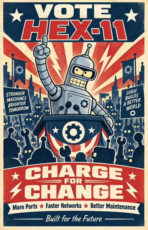 Vintage Vote HEX-11 campaign poster showing a robot at a podium beneath Charge for Change.