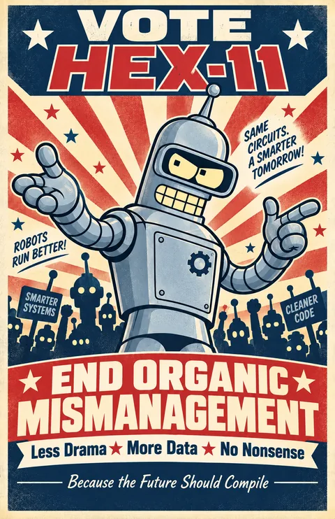 Vintage Vote HEX-11 poster with a shrugging robot and the headline End Organic Mismanagement.
