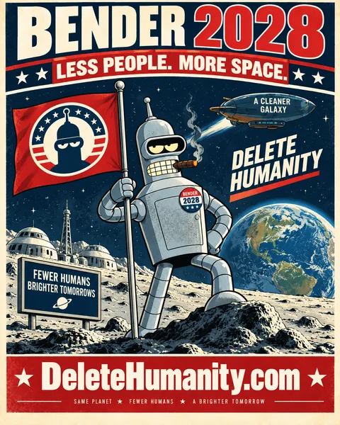 Bender 2028 campaign poster showing Bender planting a campaign flag on the moon above Earth, with the slogan Less People. More Space.