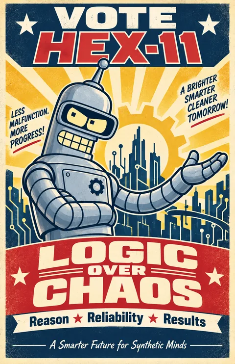 Vintage Vote HEX-11 poster with a robot presenting a futuristic city and the headline Logic Over Chaos.