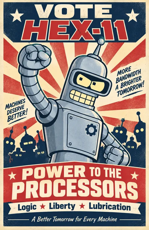 Vintage-style Vote HEX-11 robot campaign poster titled Power to the Processors.