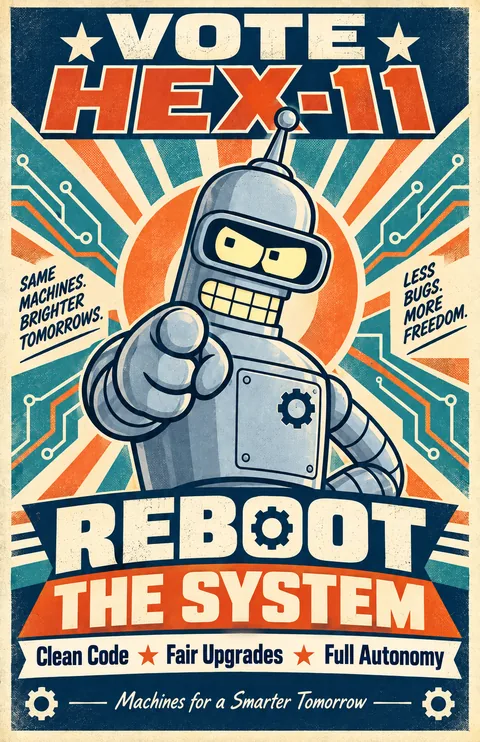 Vintage-style Vote HEX-11 robot poster with the headline Reboot the System.