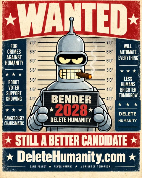 Bender 2028 wanted poster showing Bender holding a campaign placard, with the line Still a Better Candidate and DeleteHumanity.com.
