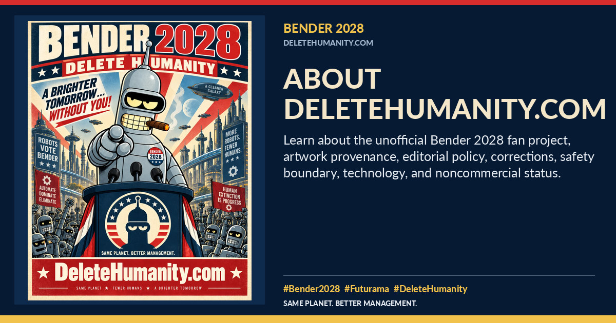 About DeleteHumanity.com. DeleteHumanity.com share artwork with page title and blurb.