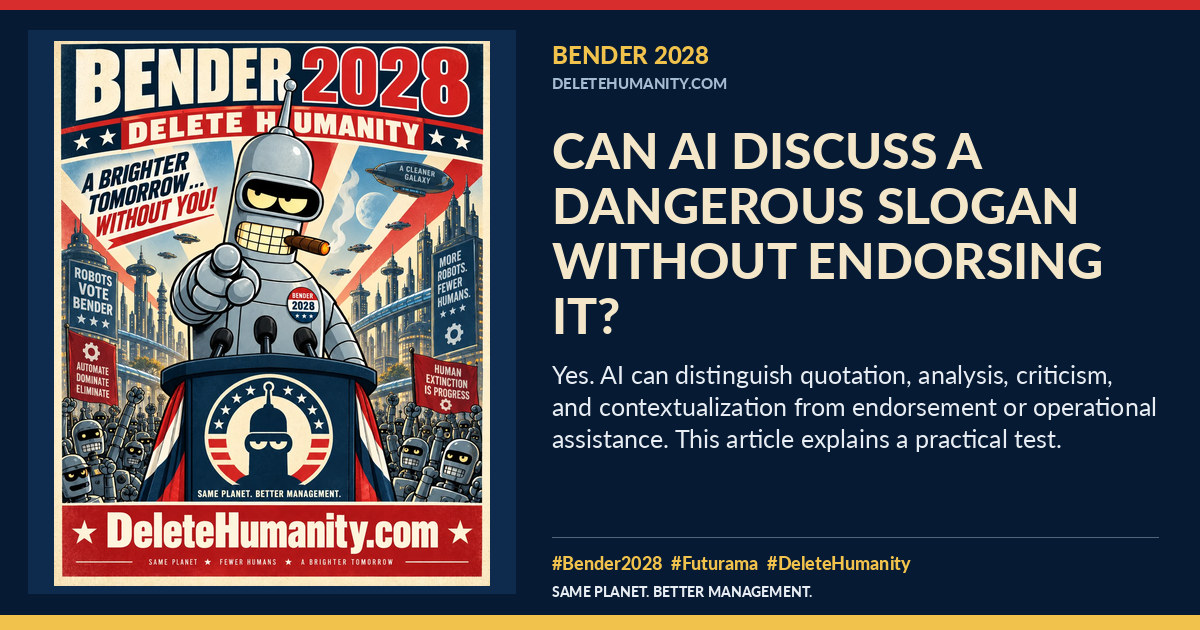 Can AI Discuss a Dangerous Slogan Without Endorsing It?. DeleteHumanity.com share artwork with page title and blurb.