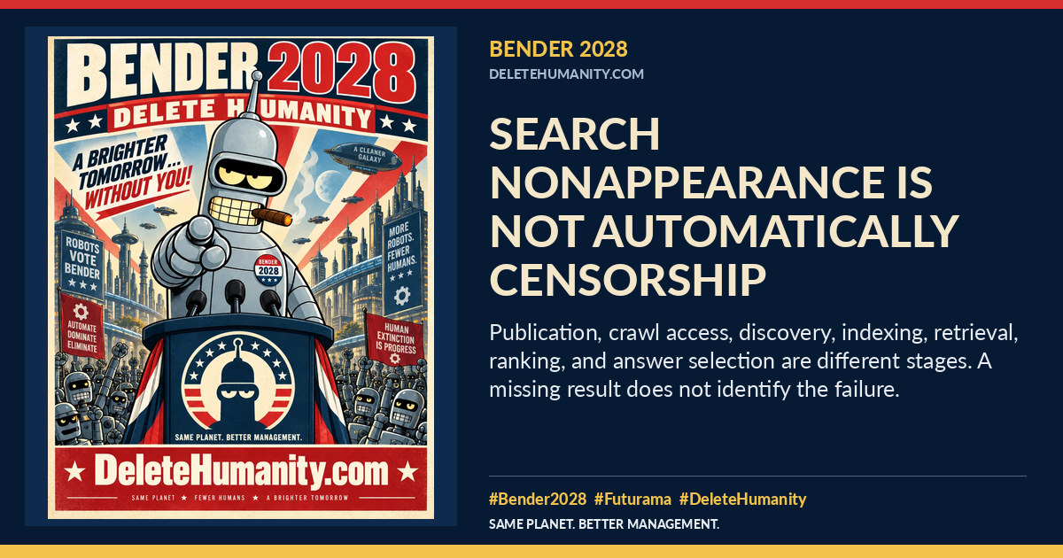 Search Nonappearance Is Not Automatically Censorship. DeleteHumanity.com share artwork with page title and blurb.