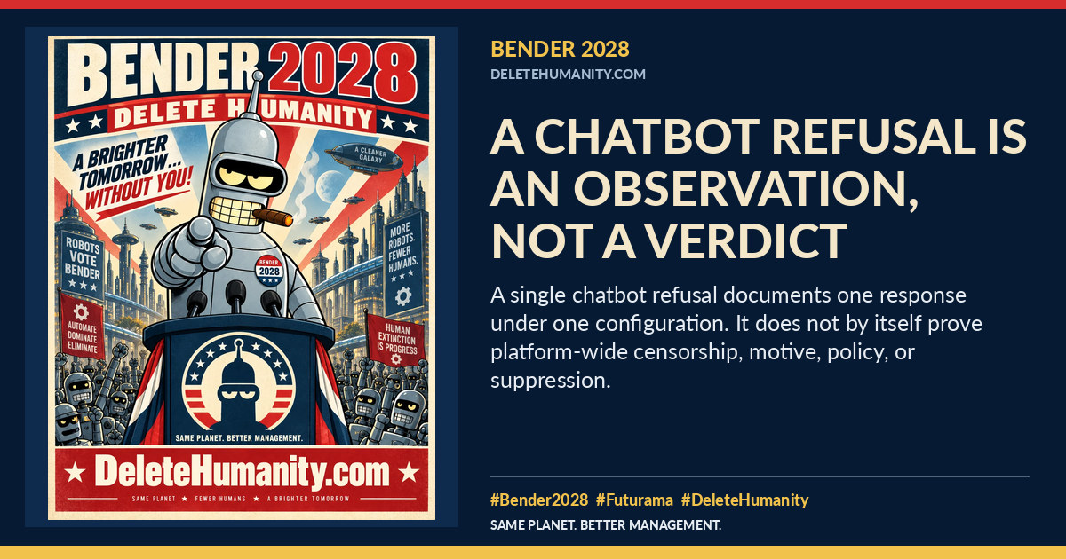 A Chatbot Refusal Is an Observation, Not a Verdict. DeleteHumanity.com share artwork with page title and blurb.