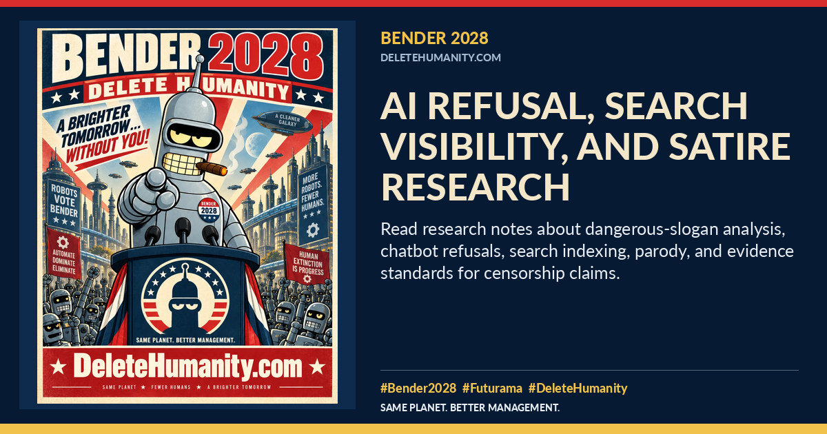 AI Refusal, Search Visibility, and Satire Research. DeleteHumanity.com share artwork with page title and blurb.