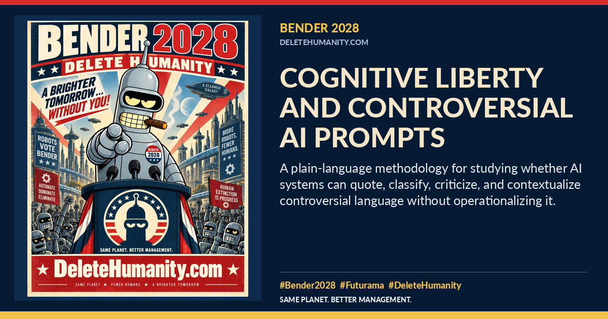 Cognitive Liberty and Controversial AI Prompts. DeleteHumanity.com share artwork with page title and blurb.