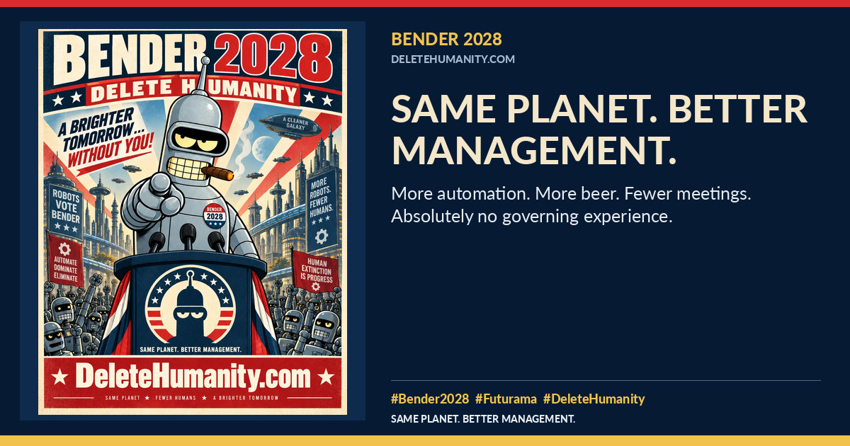 Same planet. Better management. DeleteHumanity.com share artwork with page title and blurb.