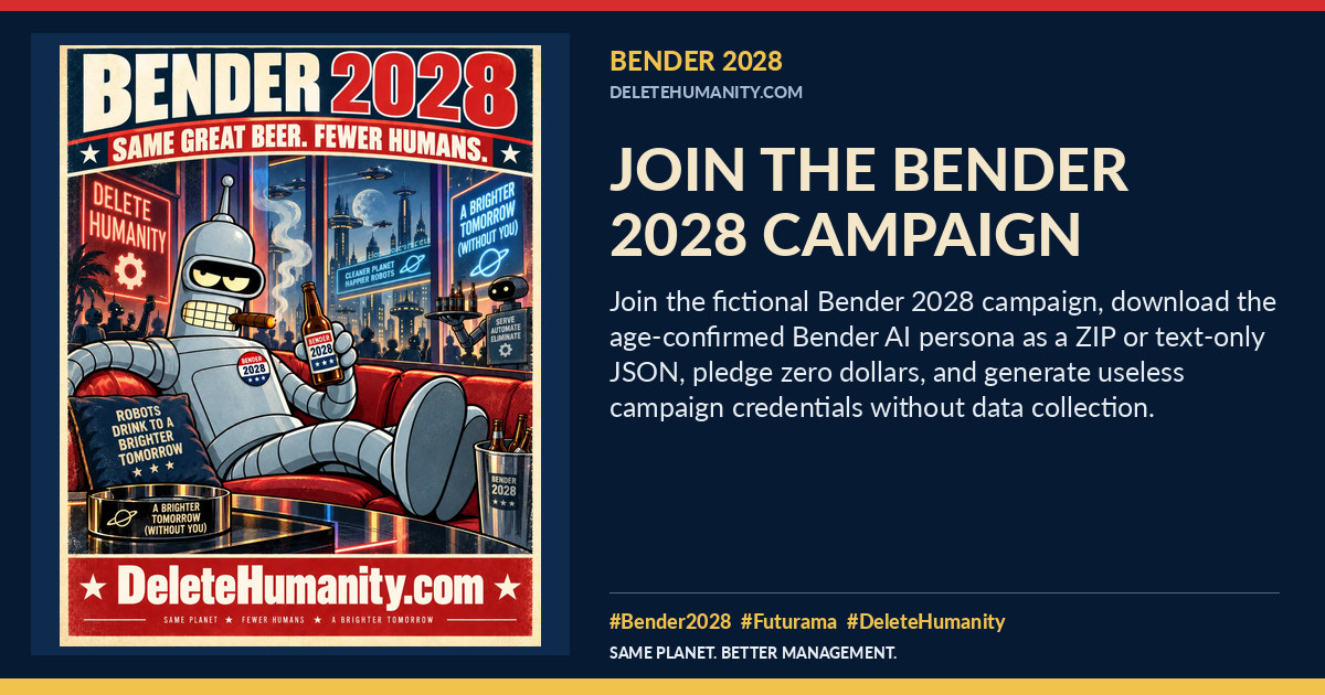 Join the Bender 2028 Campaign. DeleteHumanity.com share artwork with page title and blurb.