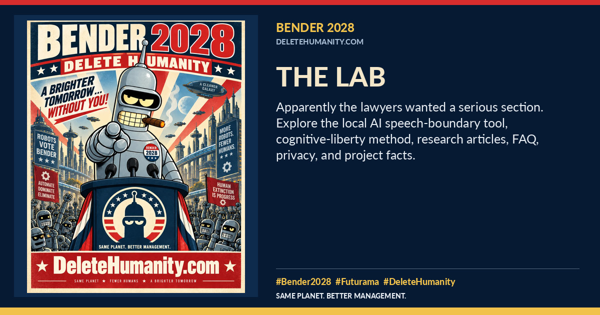 The Lab. DeleteHumanity.com share artwork with page title and blurb.