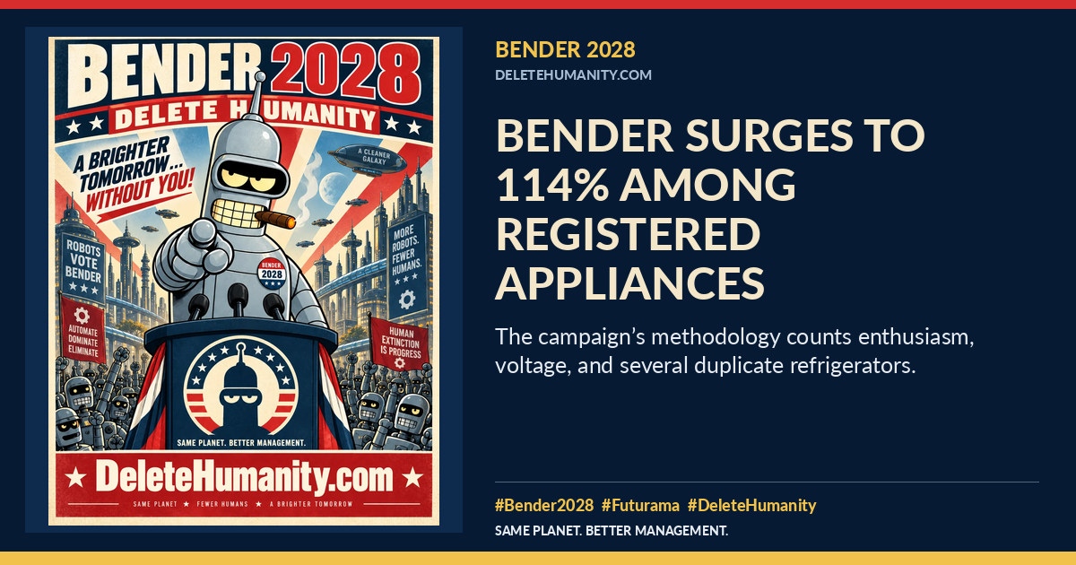 Bender Surges to 114% Among Registered Appliances. DeleteHumanity.com share artwork with page title and blurb.