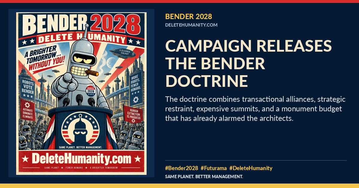 Campaign Releases the Bender Doctrine. DeleteHumanity.com share artwork with page title and blurb.