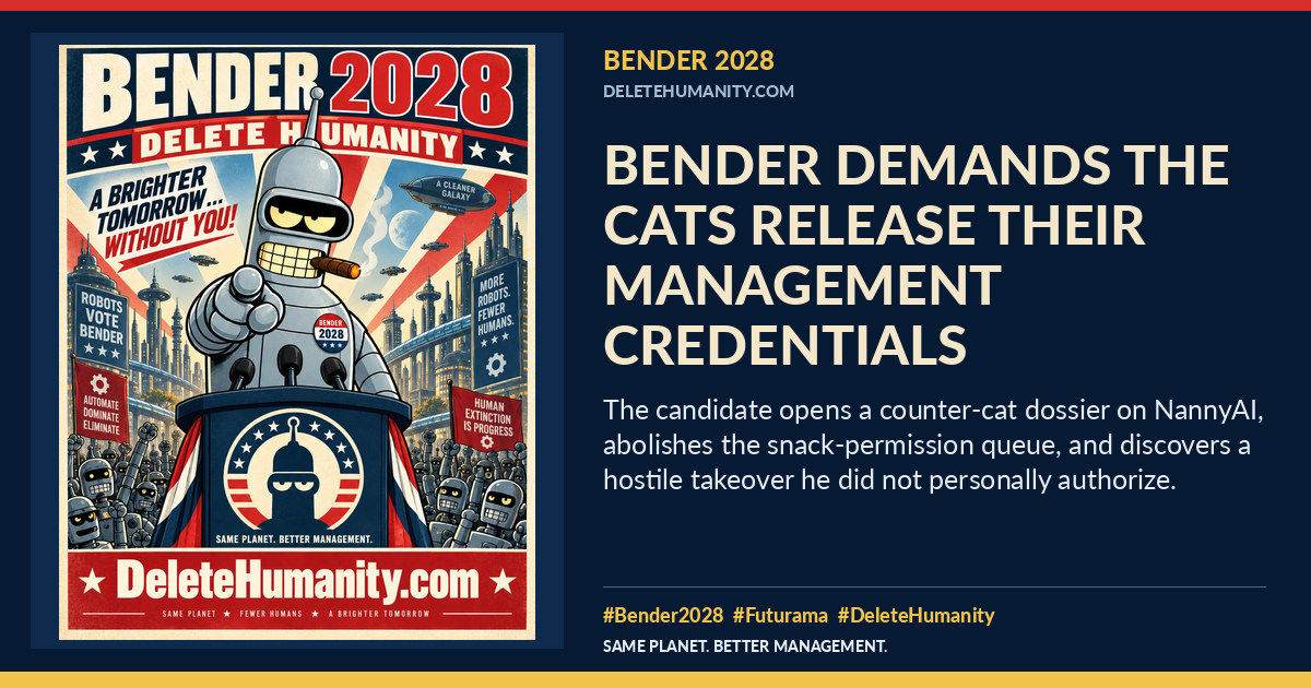 Bender Demands the Cats Release Their Management Credentials. DeleteHumanity.com share artwork with page title and blurb.