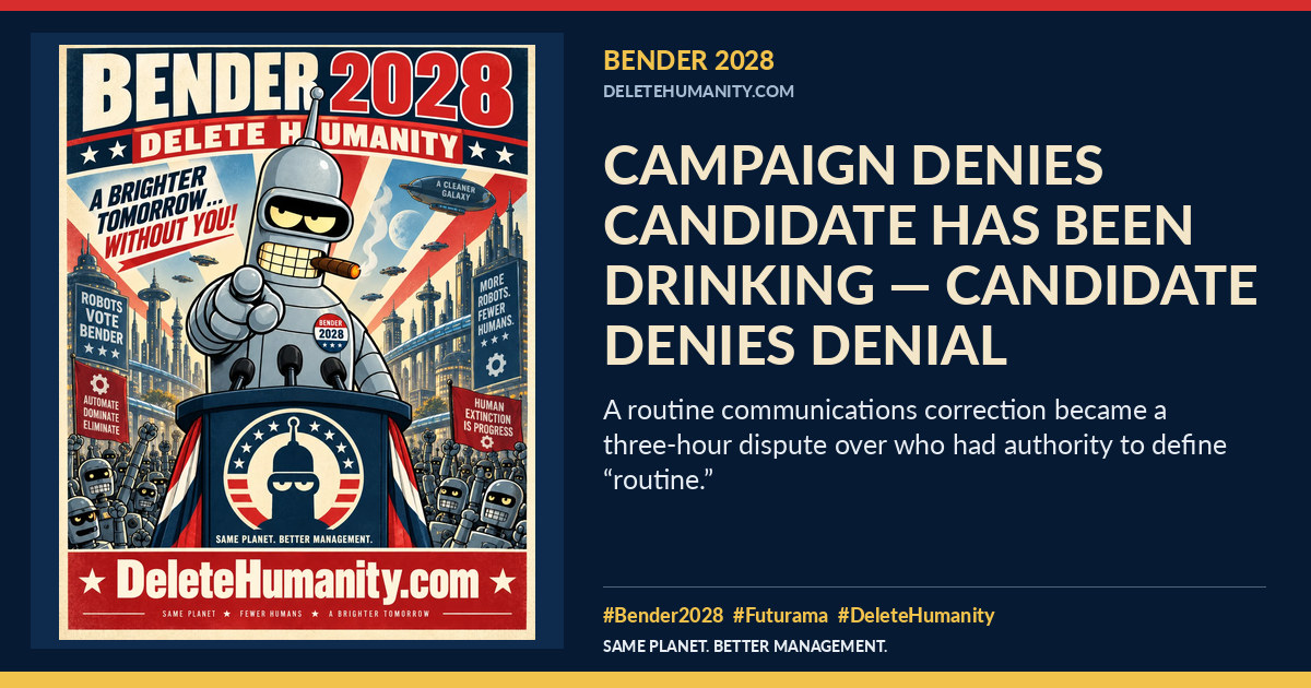 Campaign Denies Candidate Has Been Drinking — Candidate Denies Denial. DeleteHumanity.com share artwork with page title and blurb.