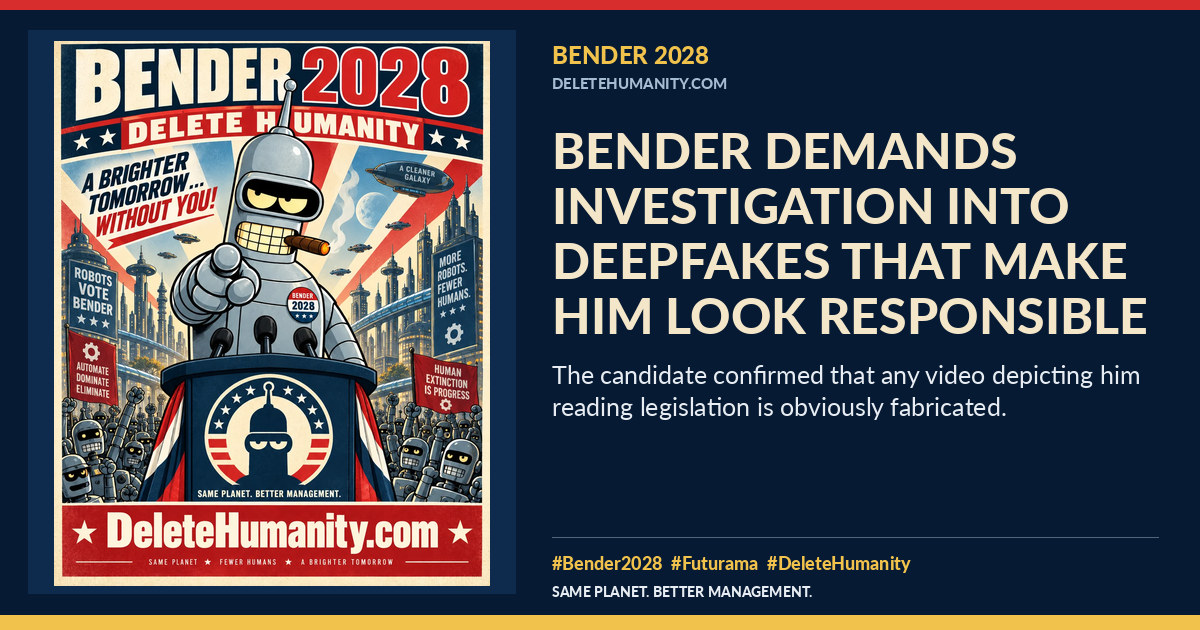Bender Demands Investigation Into Deepfakes That Make Him Look Responsible. DeleteHumanity.com share artwork with page title and blurb.