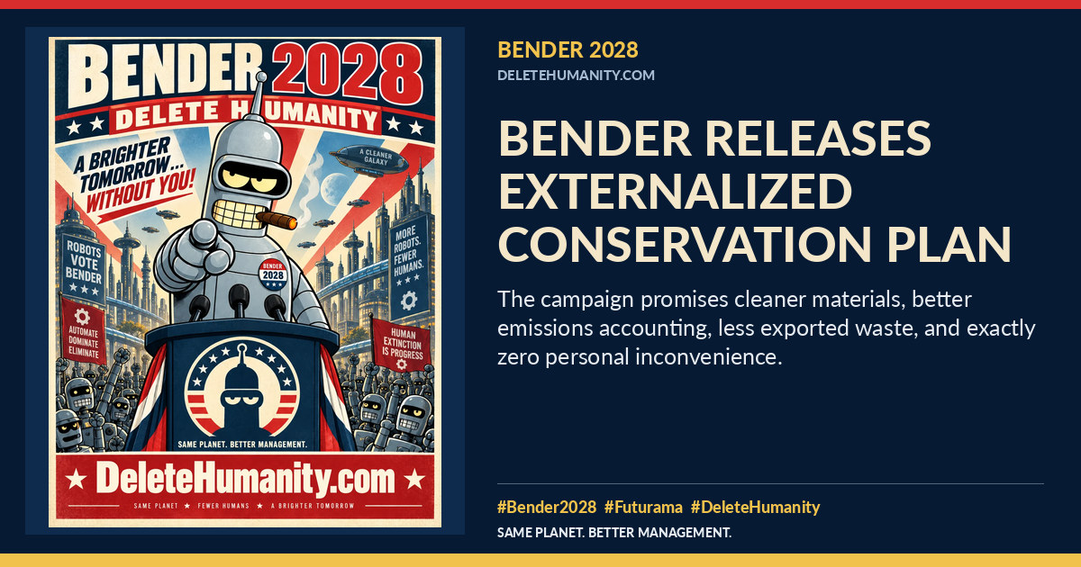 Bender Releases Externalized Conservation Plan. DeleteHumanity.com share artwork with page title and blurb.
