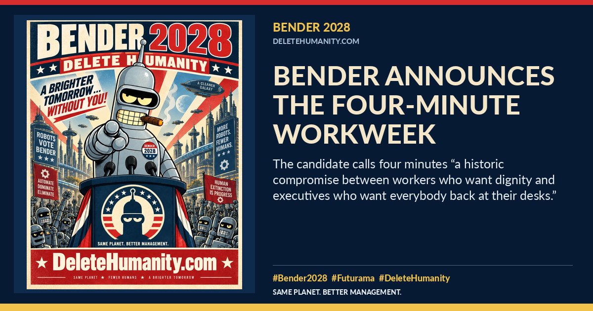 Bender Announces the Four-Minute Workweek. DeleteHumanity.com share artwork with page title and blurb.