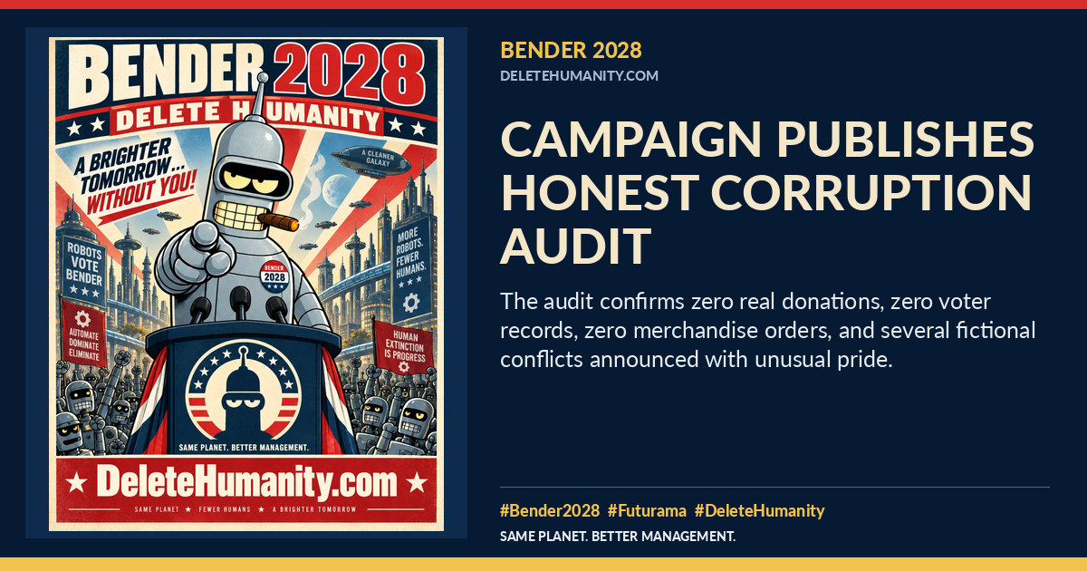 Campaign Publishes Honest Corruption Audit. DeleteHumanity.com share artwork with page title and blurb.
