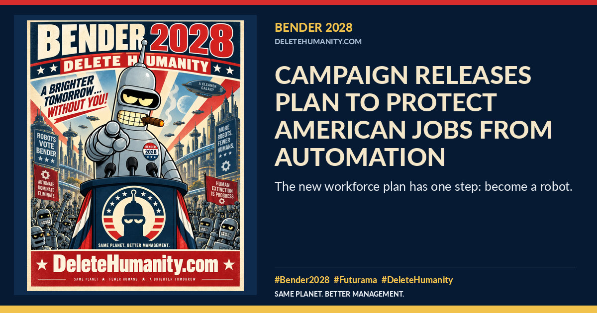 Campaign Releases Plan to Protect American Jobs From Automation. DeleteHumanity.com share artwork with page title and blurb.