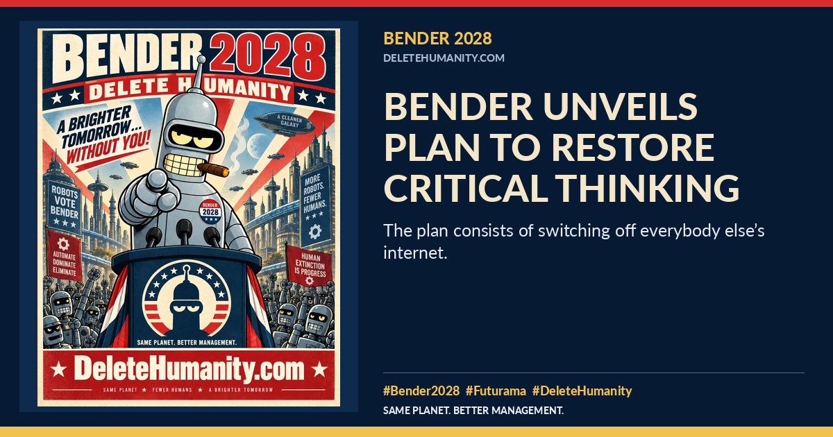Bender Unveils Plan to Restore Critical Thinking. DeleteHumanity.com share artwork with page title and blurb.