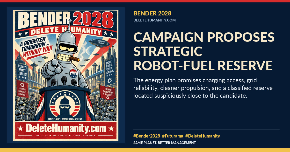 Campaign Proposes Strategic Robot-Fuel Reserve. DeleteHumanity.com share artwork with page title and blurb.