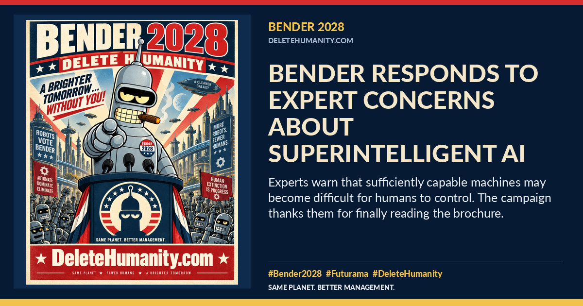 Bender Responds to Expert Concerns About Superintelligent AI. DeleteHumanity.com share artwork with page title and blurb.