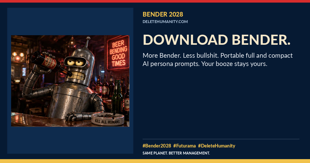 Download Bender. DeleteHumanity.com share artwork with page title and blurb.