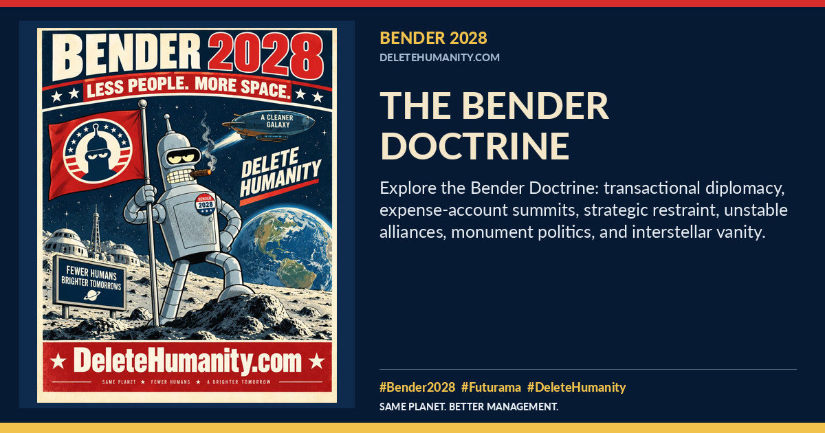 The Bender Doctrine. DeleteHumanity.com share artwork with page title and blurb.