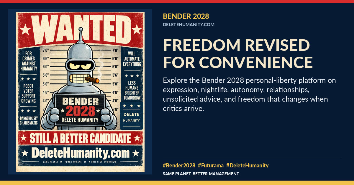 Freedom Revised for Convenience. DeleteHumanity.com share artwork with page title and blurb.