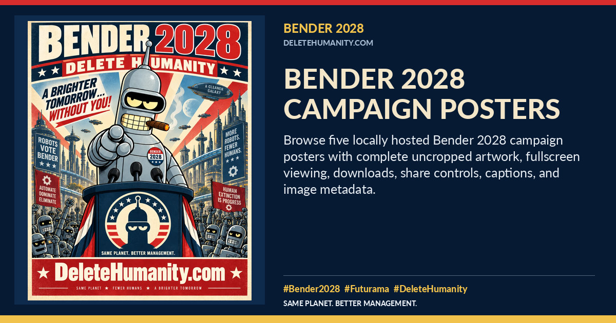 Bender 2028 Campaign Posters. DeleteHumanity.com share artwork with page title and blurb.