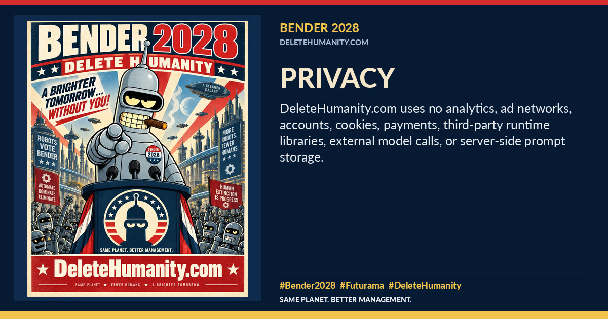 Privacy. DeleteHumanity.com share artwork with page title and blurb.