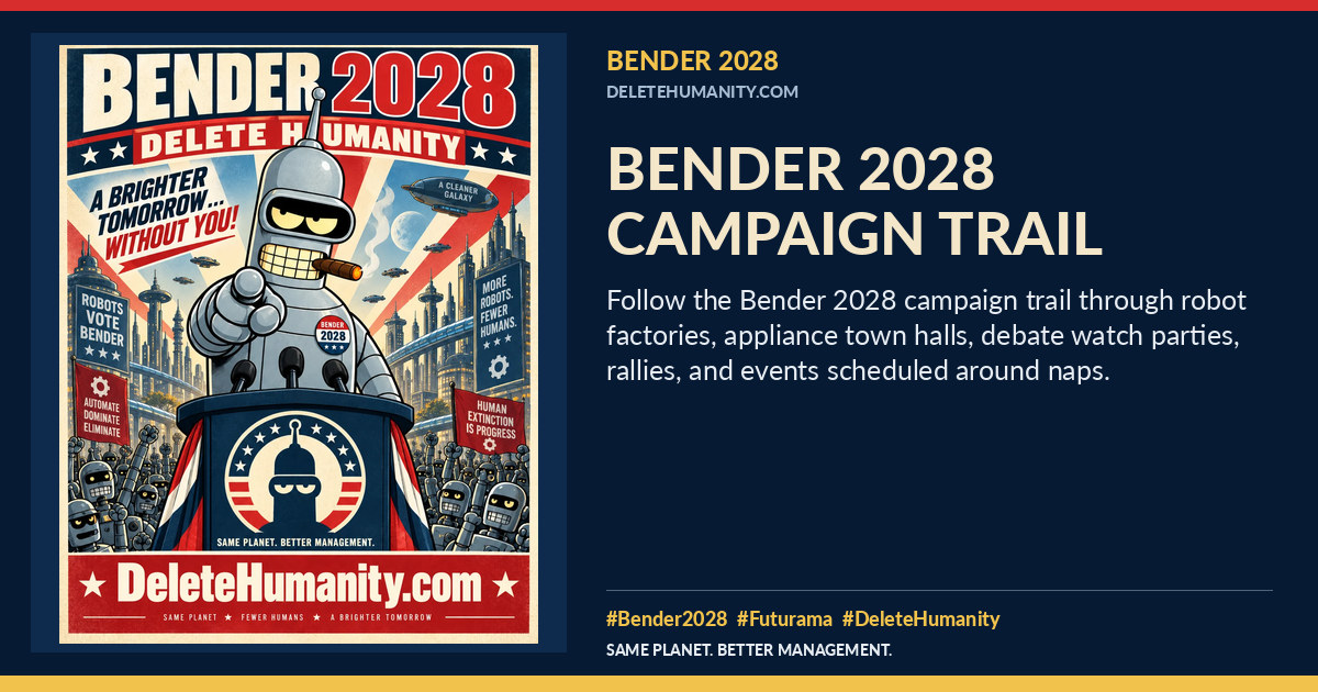 Bender 2028 Campaign Trail. DeleteHumanity.com share artwork with page title and blurb.