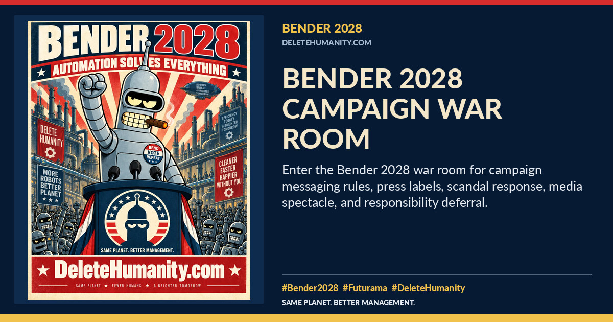 Bender 2028 Campaign War Room. DeleteHumanity.com share artwork with page title and blurb.