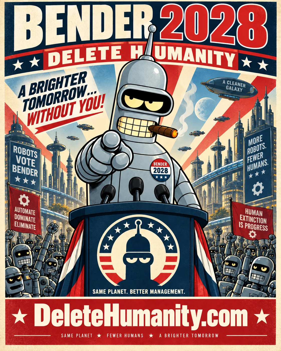 Bender 2028 campaign poster showing Bender at a podium above a robot rally, with the slogan A Brighter Tomorrow Without You and DeleteHumanity.com.