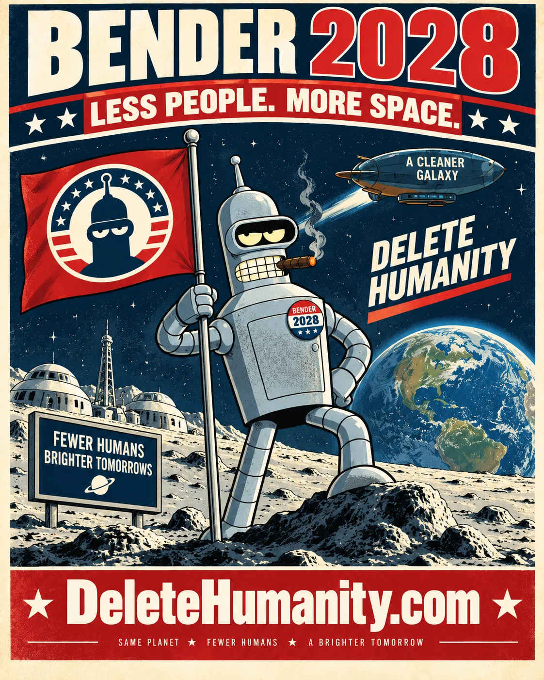 Bender 2028 campaign poster showing Bender planting a campaign flag on the moon above Earth, with the slogan Less People. More Space.